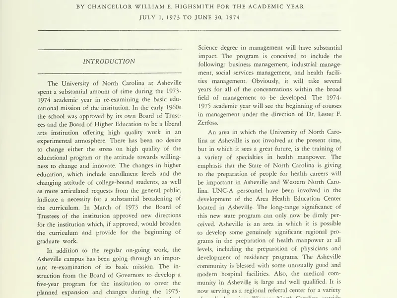 1973-1974 UNCA From UNC President Report